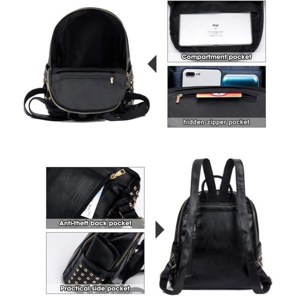 Women's Small Black Pu Leather Mini Backpack Purse Cute Fashion Shoulder Bag - Picture 5 of 7